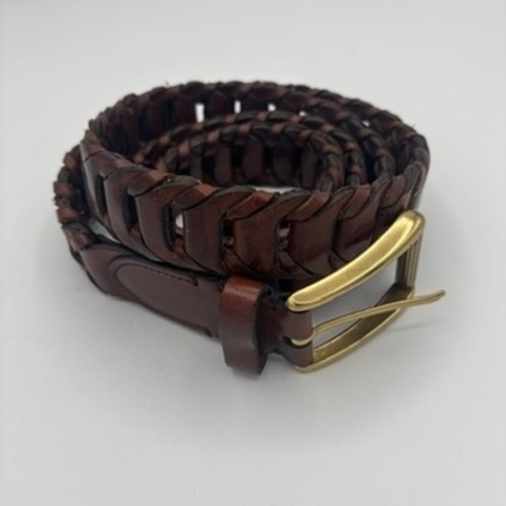 Cole Haan Woven Leather Belt Men Sz 44 Brown Braided Brass Buckle Casual - Picture 2 of 9